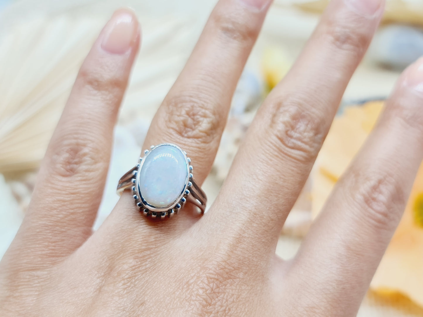 Vintage Ring Jelly Opal 585 14 KT Weißgold Gr. 60